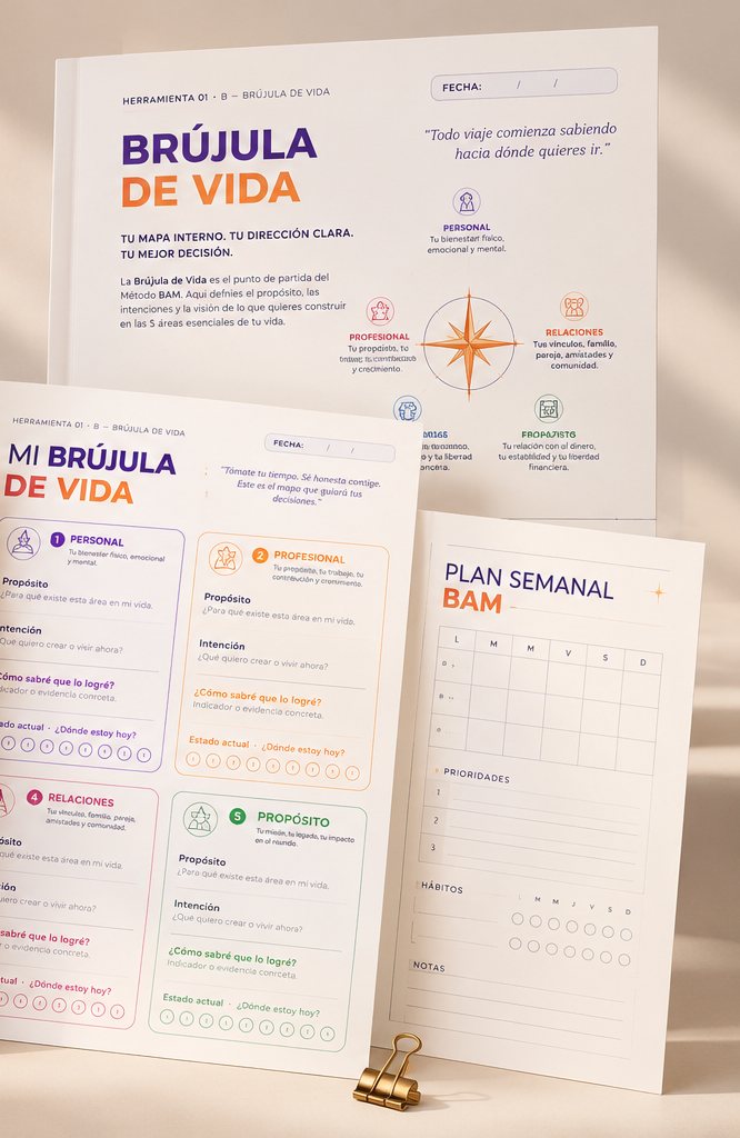 Páginas del workbook Bitácora Anual: Brújula de Vida y Plan semanal BAM