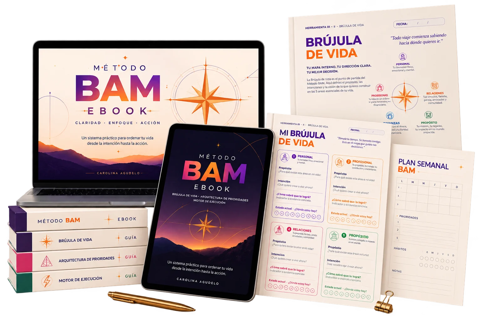 Ebook Método BAM en portátil y tablet junto a las páginas del workbook Bitácora Anual